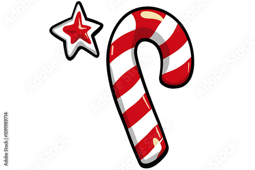 A festive illustration of a red and white striped candy cane with a star.