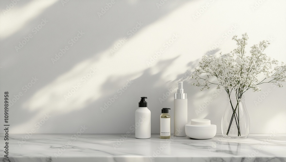 Serene Minimalist Bathroom Still Life: White Bottles, Flowers, and Marble Serene Minimalist Bathroom Still Life: White Bottles, Flowers, and Marble