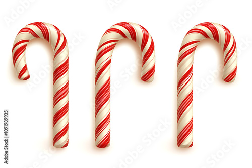 Three festive candy canes with red and white stripes, symbolizing holiday cheer.