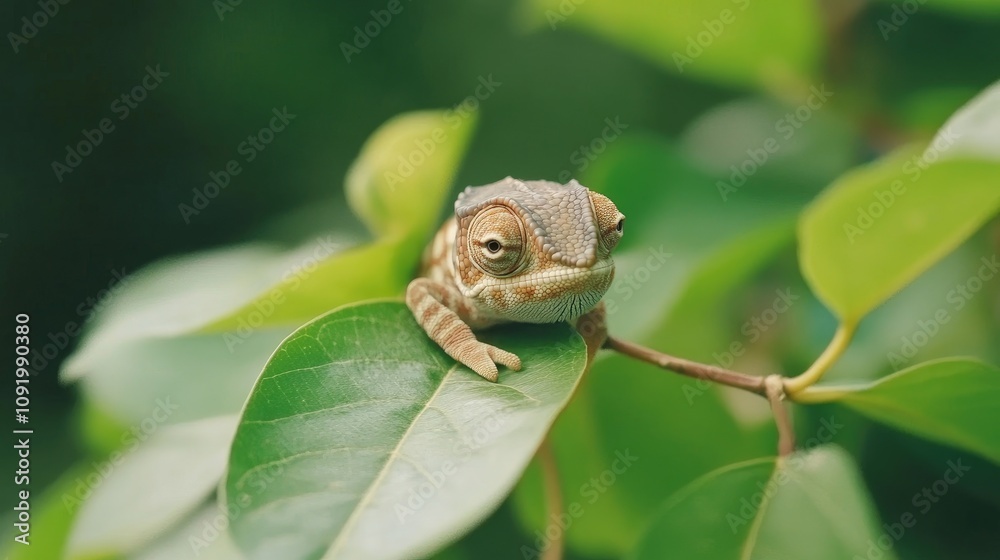 Obraz premium Baby chameleon perched on green leaf.