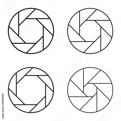 Camera icon. Lens aperture vector. Photography symbol. Black and white graphic.