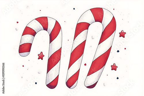 Two red and white striped candy canes with stars in a festive design.