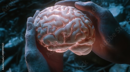 Illustration of human brain with impulses of neuron. photo