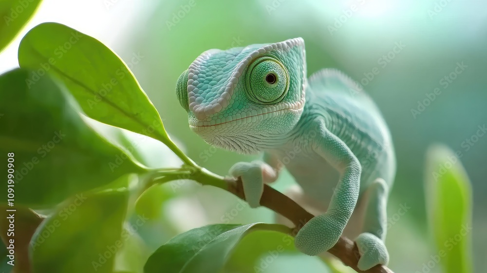 Fototapeta premium Adorable baby chameleon perched on a branch among lush green leaves.