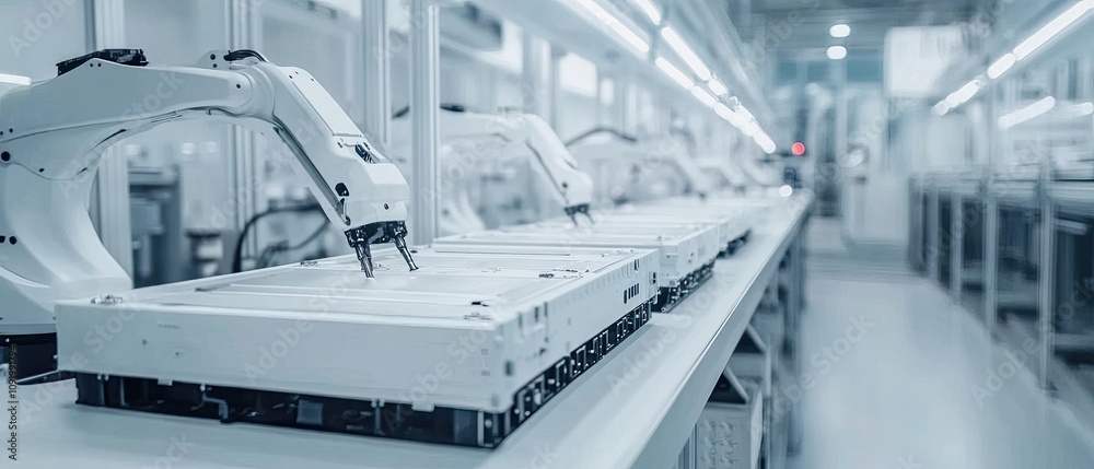 Obraz premium Automated assembly line with robotic arms assembling white components.