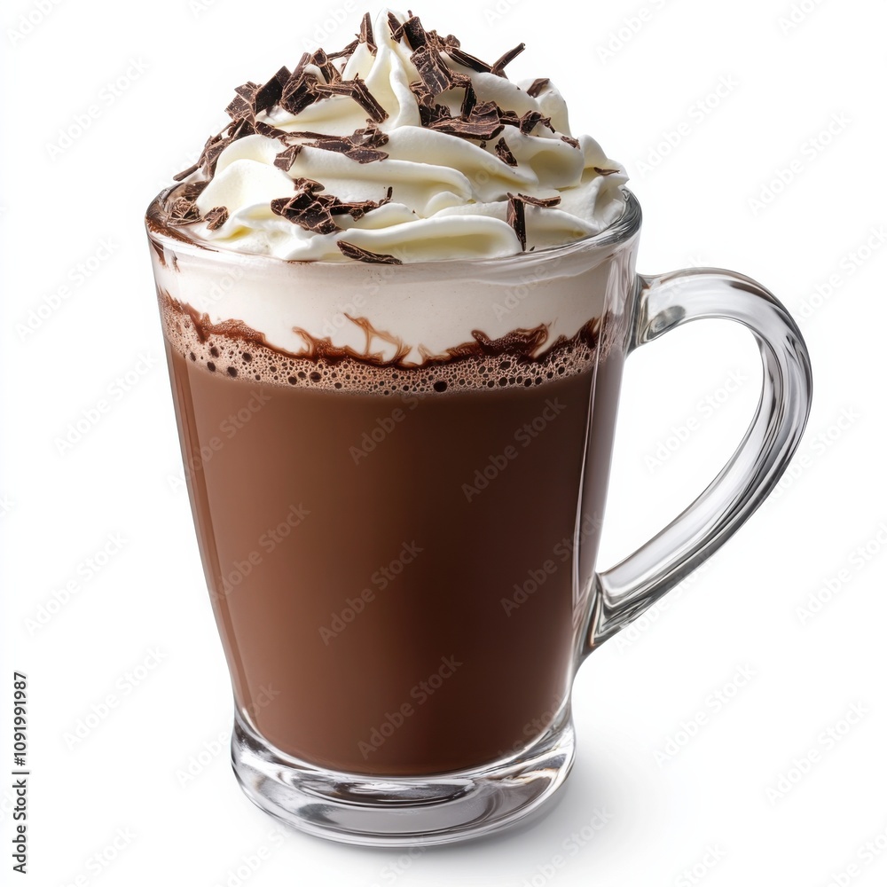 A decadent dark chocolate mocha with whipped cream and chocolate shavings, served in a glass mug, isolated white background A decadent dark chocolate mocha with whipped cream and chocolate shavings, served in a glass mug, isolated white background