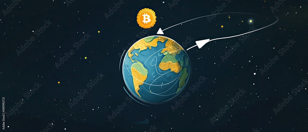 Naklejka premium Global Bitcoin cryptocurrency orbiting Earth.