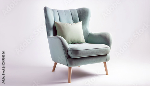 Elegant Mint Green Wingback Armchair with Light Green Cushion photo