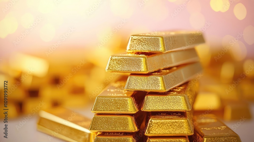 Gold bars stacked with a blurred background of bokeh lights. Gold bars stacked with a blurred background of bokeh lights.