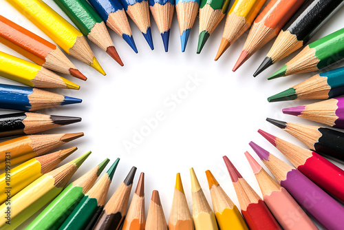 A colorful arrangement of pencils forming a circular frame around a blank space. photo