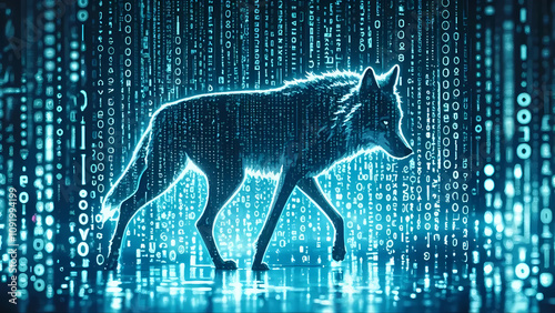 a wolf's silhouette materializing from cascading streams of binary code photo