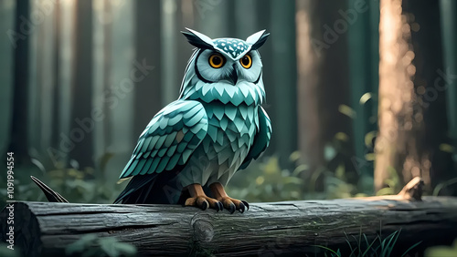 a 3D low polygonal majestetic owl head made of plastic. photo