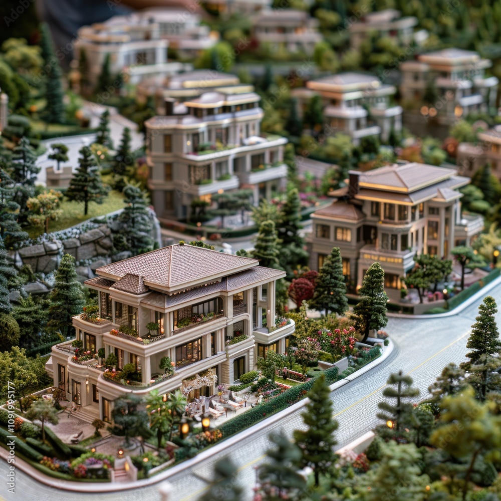 Fototapeta premium Architectural model of luxury houses on a landscaped hill.