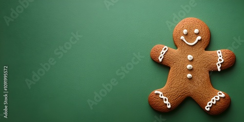 An isolated gingerbread man cookie on the right side, displayed against a vast green backdrop with space for additional elements.