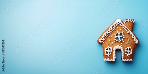 Gingerbread house cookie web banner. Festive gingerbread house cookie isolated on blue background with room for text.