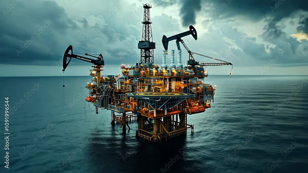 An offshore oil rig stands in the ocean under a cloudy sky, showcasing ...