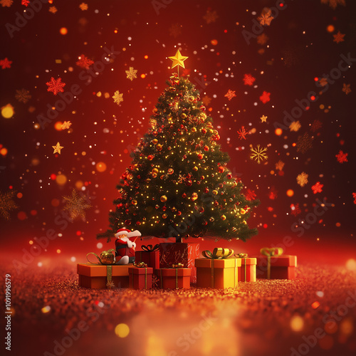 A huge Christmas tree with bright lights and presents.
