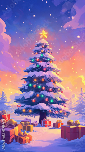 A huge Christmas tree with bright lights and presents.