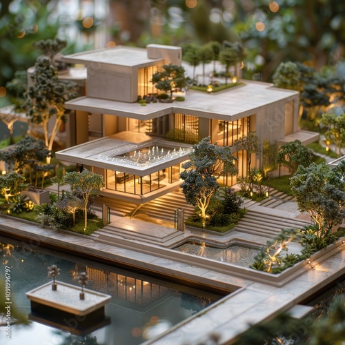 Architectural model of a modern luxury waterfront house with landscaping. photo