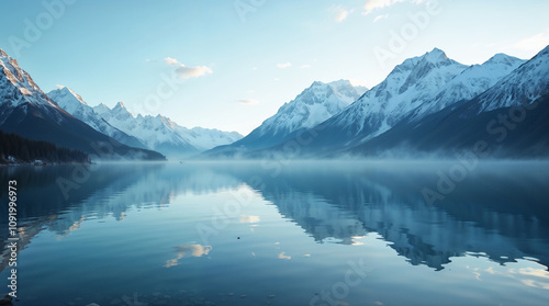 Serene Mountain Lake Reflection Creating Perfect Mirror Image in Still Waters