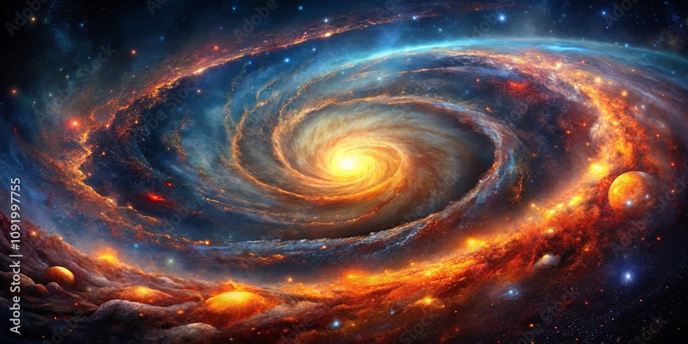 Obraz premium A celestial tapestry woven with the threads of cosmic dust and fiery nebulae, swirling around a radiant core, illuminating the vast expanse of space with its incandescent glow.