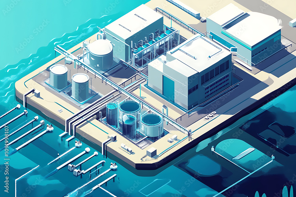 Obraz premium A high-tech desalination plant located by the ocean, featuring transparent pipelines and storage tanks, representing advanced and sustainable water technology. 