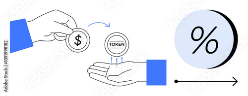 Hand exchanging dollar symbol coin for token with blue accents. Percentage sign in background suggests financial exchange. Ideal for finance, fintech, investment, economics, blockchain