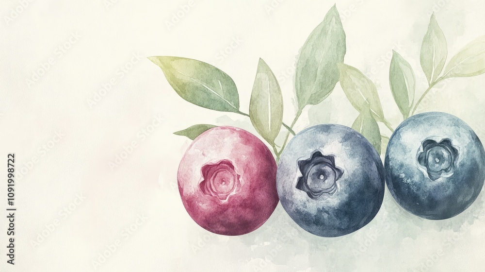 Obraz premium Watercolor Illustration of Fresh Blueberries with Leaves on a Soft Background, Perfect for Culinary, Health, or Natural Product Themes