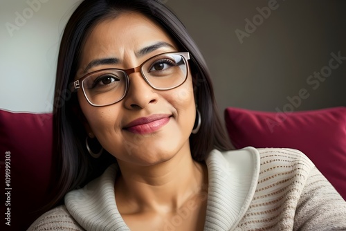 beautiful mexican woman, couch selfie, wearing glasses, happy expression, close-up, living room, cozy, smiling, relaxed, casual, joyful, radiant, charming, natural, authentic, stylish, vibrant, latin