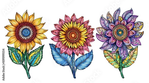 Mandala patterns with summer motifs like sunflowers and feathers  photo