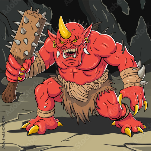 Fierce red ogre with a spiked club in a dark cave