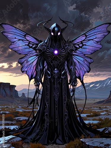 Gothic Winged Alien with Iridescent Skin in a Hauntingly Desolate Landscape photo