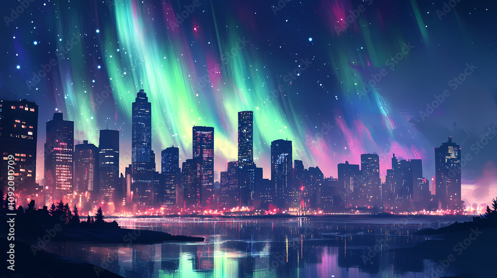 Obraz premium Aurora borealis over a city skyline, with the lights contrasting against the urban landscape and night lights. Celestial Aurora Borealis. Illustration