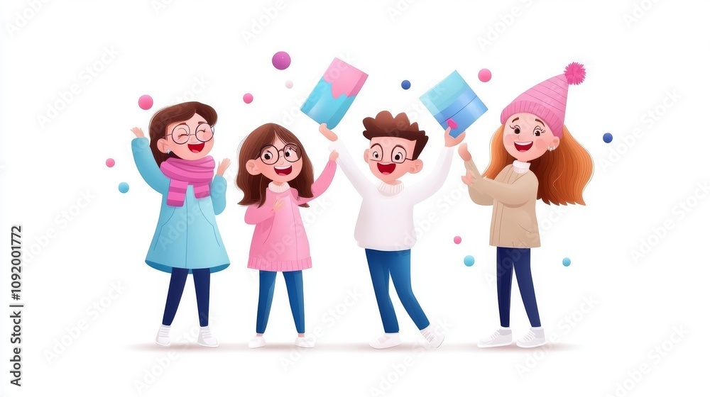 Fototapeta premium Cheerful Group of Friends Celebrating Winter Together with Colorful Decorations and Bright Smiles in a Fun Illustration Style