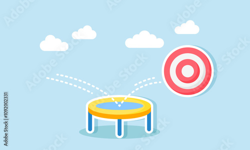 A target board bounces and rebounds off a trampoline, illustration of a business target increasing