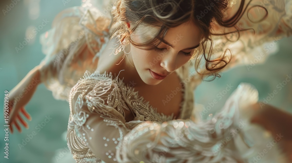 Fototapeta premium Elegant woman in flowing lace dress, ethereal portrait.
