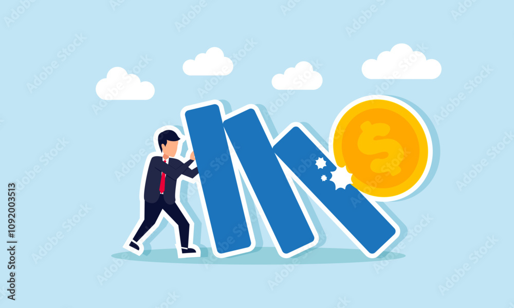 Obraz premium A businessman holds back falling blocks struck by a dollar coin, illustration of maintaining company profit stability