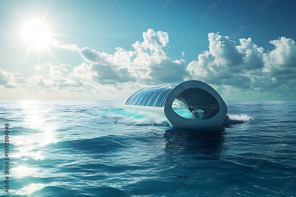 A wave energy converter floating on the ocean surface, harnessing the power of waves to generate renewable energy, symbolizing sustainable aqua technology.
A wave energy converter floating on the ocean surface, harnessing the power of waves to generate renewable energy, symbolizing sustainable aqua technology.
