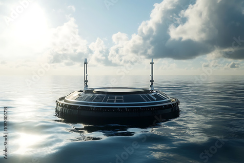 A wave energy converter floating on the ocean surface, harnessing the power of waves to generate renewable energy, symbolizing sustainable aqua technology. 