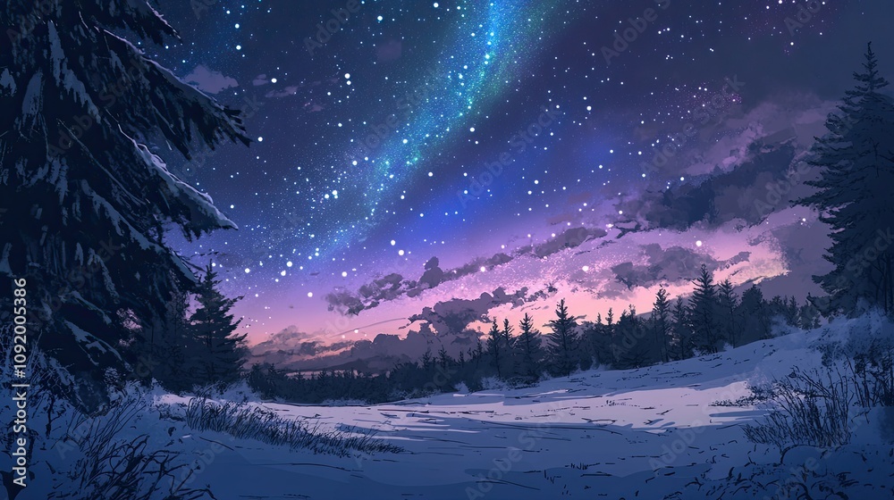 Fototapeta premium Serene Winter Landscape Under Starry Night Sky Featuring Northern Lights and Snow-Covered Trees in a Tranquil Natural Setting