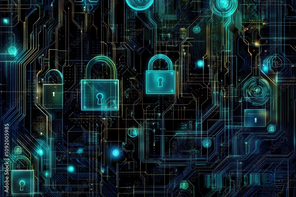 Fototapeta premium A blend of padlocks and keys creates an abstract digital background, symbolizing security and protection in a technological landscape. Generative AI