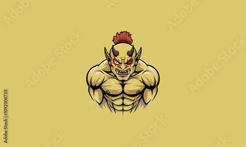 Fierce horned demon with muscular build on yellow background