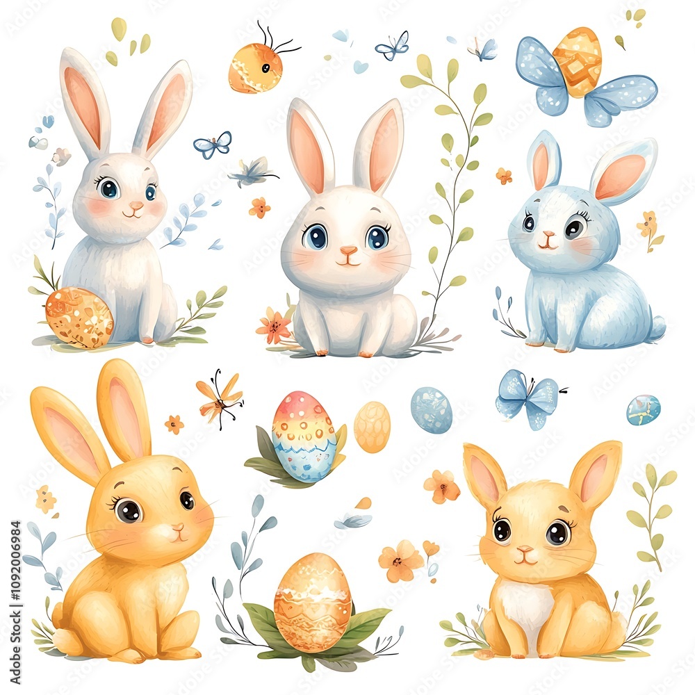 Fototapeta premium Cute Watercolor Bunnies with Easter Eggs and Butterflies