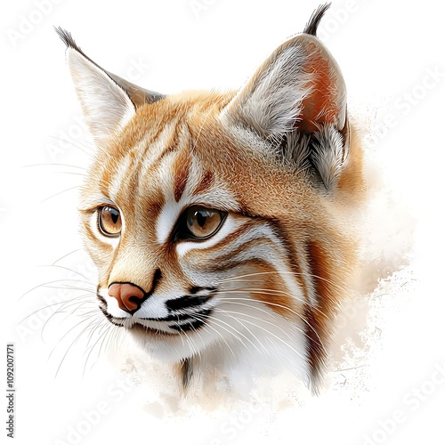 A detailed illustration of a bobcat with its distinctive tufted ears, sharp eyes, and whiskered face set against a clean white background. photo