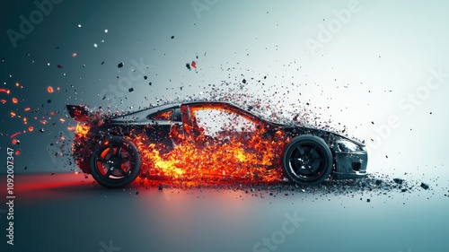 Black sports car disintegrates into fiery particles, creating dynamic, explosive effect photo