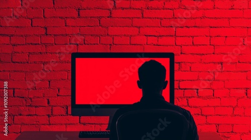 Silhouette of a person sitting in front of a glowing red computer screen against a brick wall.