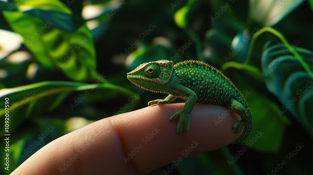 Fototapeta premium Tiny Green Chameleon on a Finger, Surrounded by Lush Greenery