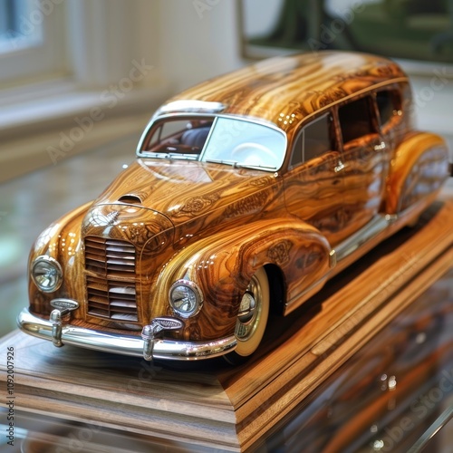 Intricate wooden model of a vintage car on display. photo