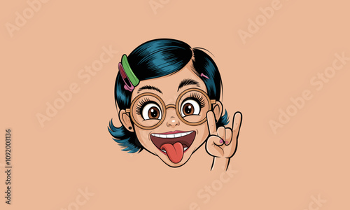 Cheerful girl with glasses making a rock hand gesture