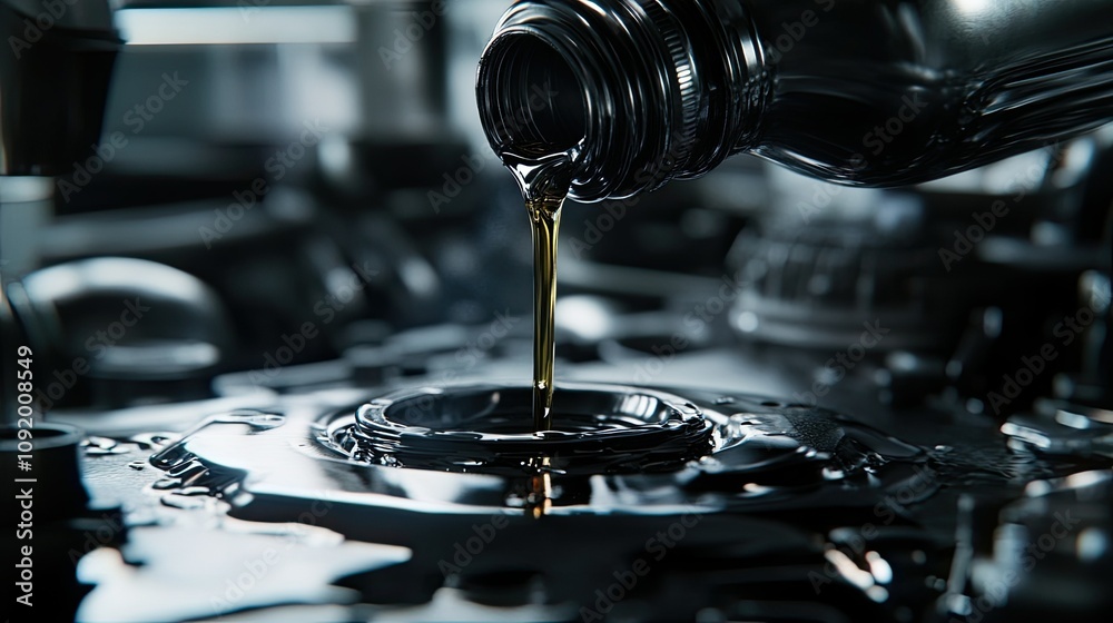 Close-Up of Engine Oil Being Poured from a Bottle into an Engine Component, Highlighting Precision and Fluidity in Automotive Maintenance and Repair Processes